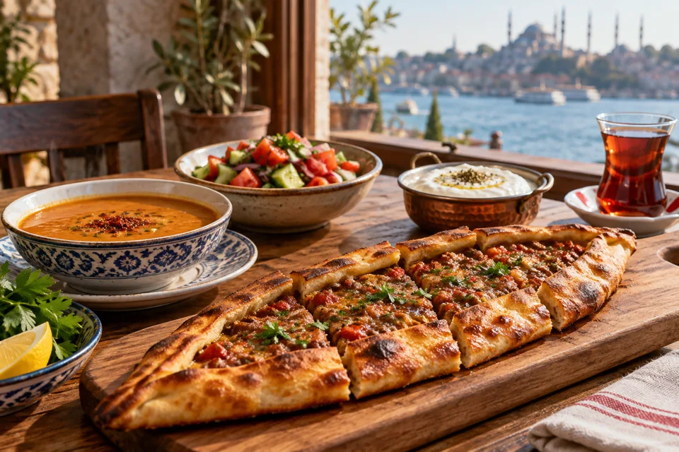 Pide, çorba, salata ve çaydan oluşan yöresel yemek sofrası — temsili görsel